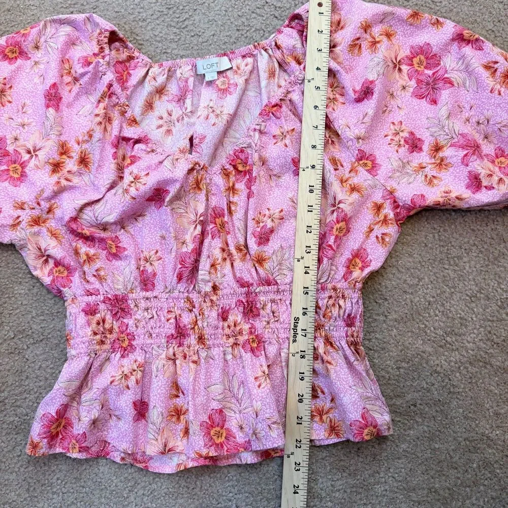 Floral Peplum Blouse Pink Puff Sleeve Cottagecore Boho Soft Modal Large by LOFT